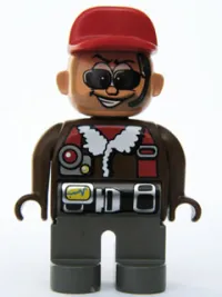 LEGO Duplo Figure, Male Action Wheeler, Dark Gray Legs, Brown Top with Fleece Jacket, Black Belt, Red Cap, Sunglasses, Headphone (AW Aviator) minifigure