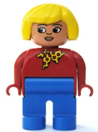LEGO Duplo Figure, Female, Blue Legs, Red Top with Yellow and Red Polka Dot Scarf, Yellow Hair, Turned Down Nose minifigure