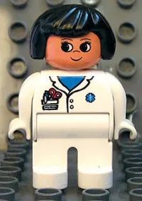 LEGO Duplo Figure, Female Medic, White Legs, White Top with Pocket and EMT Star of Life Pattern, Black Hair minifigure