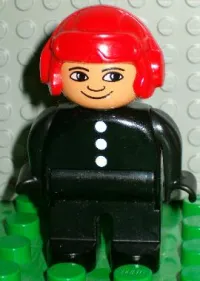 LEGO Duplo Figure, Male Fireman, Black Legs, Black Top with 3 White Buttons, Red Aviator Helmet minifigure