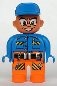 LEGO Duplo Figure, Male Action Wheeler, Orange Legs with Belt, Blue Top with Pen, Chain, Radio, and Wrench, Blue Cap minifigure