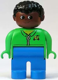 LEGO Duplo Figure, Male, Blue Legs, Green Zippered Jacket, Black Curly Hair, Brown Head minifigure