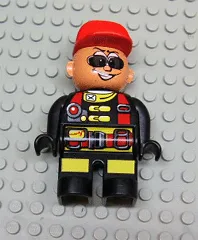 LEGO Duplo Figure, Male Action Wheeler, Black Legs with Yellow Patches, Red Straps, Sunglasses, Red Cap minifigure