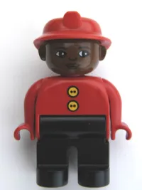 LEGO Duplo Figure, Male Fireman, Black Legs, Red Top with Two Buttons, Red Fire Helmet, Brown Head minifigure