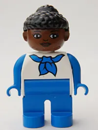 LEGO Duplo Figure, Female, Blue Legs, White Top with Blue Sleeves and Scarf, Black Curly Hair in Bun, Brown Head minifigure