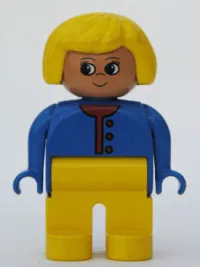 LEGO Duplo Figure, Female, Yellow Legs, Blue Sweater Unbuttoned with Red Buttons, Yellow Hair minifigure