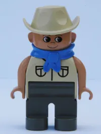 LEGO Duplo Figure, Male, Dark Gray Legs, Tan Top Safari with Pockets, Cowboy Hat, Blue Bandana minifigure