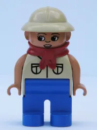 LEGO Duplo Figure, Female, Blue Legs, Tan Top with 2 Pockets, Tan Pith Helmet, Red Bandana, Eyelashes minifigure