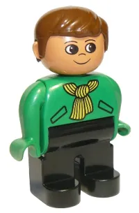 LEGO Duplo Figure, Male, Black Legs, Green Top with Yellow Scarf, Brown Hair minifigure