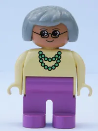 LEGO Duplo Figure, Female, Dark Pink Legs, Yellow Blouse with Green Necklace, Gray Hair minifigure