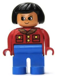 LEGO Duplo Figure, Female, Blue Legs, Red Jacket with Gold Buttons, Black Hair minifigure