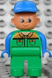 LEGO Duplo Figure, Male, Green Legs, Green Work Suit, Blue Arms, Blue Hat minifigure