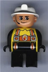 LEGO Duplo Figure, Male Fireman, Black Legs, Yellow Top with Flame and Orange Suspenders, White Fire Helmet, Headset minifigure