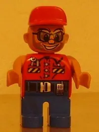 LEGO Duplo Figure, Male Action Wheeler, Blue Legs, Red Top with Wrench, Red Cap, Sunglasses, Beard minifigure