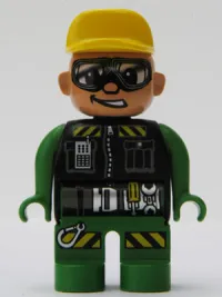 LEGO Duplo Figure, Male Action Wheeler, Green Legs, Green Top, Yellow Hat, Glasses (Construction Worker Driver) minifigure