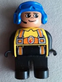 LEGO Duplo Figure, Male Fireman, Black Legs, Yellow Top with Flame and Orange Suspenders, Blue Aviator Helmet minifigure