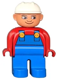 LEGO Duplo Figure, Male, Blue Legs, Red Top with Blue Overalls, Construction Hat White, Turned Down Nose minifigure
