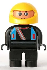 LEGO Duplo Figure, Male, Black Legs, Black Top with Blue Straps and Racer Diagonal Zipper, Yellow Racing Helmet minifigure