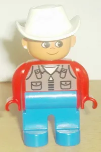 LEGO Duplo Figure, Male, Blue Legs, Red Top with Dark Tan Zipper Vest, White Cowboy Hat minifigure