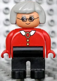 LEGO Duplo Figure, Female, Black Legs, Red Blouse with White Collar, Gray Hair, Glasses minifigure