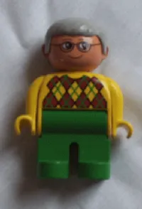 LEGO Duplo Figure, Male, Green Legs, Yellow Argyle Sweater, Gray Hair, Glasses minifigure