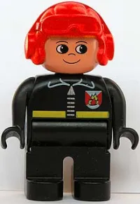 LEGO Duplo Figure, Male Fireman, Black Legs, Black Top with Fire Logo and Zipper, Red Aviator Helmet minifigure