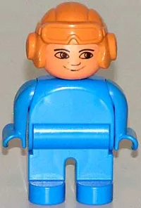 LEGO Duplo Figure, Male, Blue Legs, Blue Top, Aviator Helmet Fabuland Brown, no White in Eyes Pattern minifigure