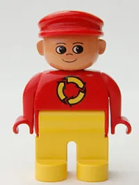 LEGO Duplo Figure, Male, Yellow Legs, Red Top with Recycle Logo, Red Cap, turned up Nose minifigure