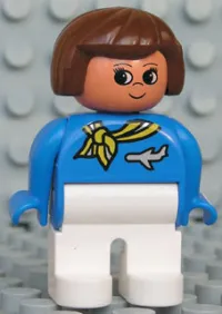 LEGO Duplo Figure, Female, White Legs, Blue Top with Scarf and Jet Airplane, Brown Hair, Turned Up Nose (Flight Attendant) minifigure