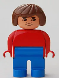 LEGO Duplo Figure, Female, Blue Legs, Red Top, Brown Hair, No Eyelashes, Plain Smile minifigure