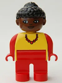 LEGO Duplo Figure, Female, Red Legs, Yellow Top with Red Necklace, Black Curly Hair in Bun, Brown Head minifigure