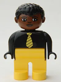 LEGO Duplo Figure, Male, Yellow Legs, Black Top and Yellow Striped Tie, Black Curly Hair, Brown Head minifigure