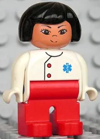 LEGO Duplo Figure, Female Medic, Red Legs, White Top with EMT Star of Life Pattern, Black Hair minifigure