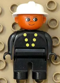 LEGO Duplo Figure, Male Fireman, Black Legs, Black Top with 6 Yellow Buttons, White Fire Helmet, Brown Head minifigure