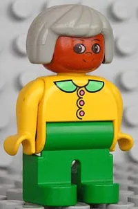 LEGO Duplo Figure, Female, Green Legs, Yellow Blouse with Collar, Gray Hair, Brown Head minifigure