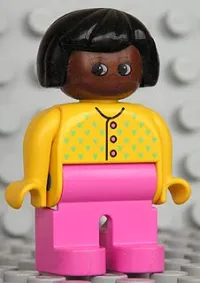 LEGO Duplo Figure, Female, Dark Pink Legs, Yellow Sweater with 3 Buttons V Stitching, Black Hair, Brown Head minifigure