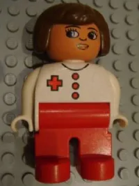 LEGO Duplo Figure, Female Medic, Red Legs, White Top, Brown Hair, Red Cross minifigure