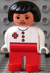 LEGO Duplo Figure, Female Medic, Red Legs, White Top, Black Hair, Red Cross, Asian Eyes minifigure