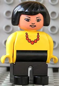 LEGO Duplo Figure, Female, Black Legs, Yellow Blouse with Red Necklace, Black Hair, Asian Eyes minifigure