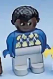 LEGO Duplo Figure, Male, Light Gray Legs, Blue Argyle Sweater, Black Hair, Brown Head minifigure