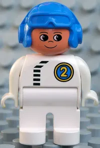 LEGO Duplo Figure, Male, White Legs, White Top with Black Zipper and Racer #2, Blue Aviator Helmet minifigure