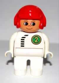 LEGO Duplo Figure, Male, White Legs, White Top with Black Zipper and Racer #2, Round Eyes, Red Aviator Helmet minifigure