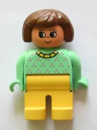 LEGO Duplo Figure, Female, Yellow Legs, Light Green Top with Purple Dots, Yellow Collar, Brown Hair minifigure