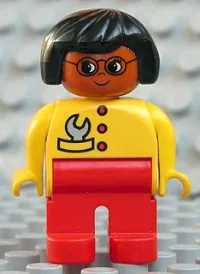 LEGO Duplo Figure, Female, Red Legs, Yellow Top with Red Buttons & Wrench in Pocket, Black Hair, Glasses, Brown Head minifigure
