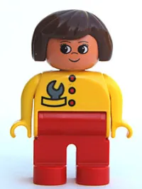LEGO Duplo Figure, Female, Red Legs, Yellow Top with Red Buttons & Wrench in Pocket, Brown Hair, Turned Up Nose minifigure