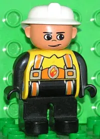 LEGO Duplo Figure, Male Fireman, Black Legs, Yellow Top with Flame and Orange Suspenders, White Fire Helmet, no Moustache minifigure