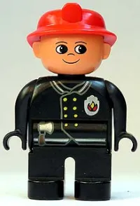 LEGO Duplo Figure, Male Fireman, Black Legs, Black Top with Flame Logo, Red Fire Helmet, no Moustache minifigure