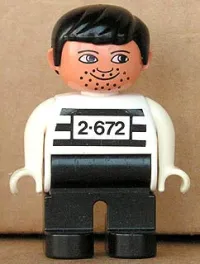 LEGO Duplo Figure, Male, Black Legs, White Top with 2-672 Number on Chest, Black Hair, White Hands, Stubble, Moustache Stubble (Jailbreak Joe) minifigure