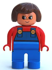 LEGO Duplo Figure, Female, Blue Legs, Red Top with Blue Overalls, Brown Hair, Turned Up Nose minifigure