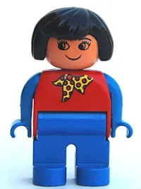 LEGO Duplo Figure, Female, Blue Legs, Red Top With Yellow And Red Polka Dot Scarf, Blue Arms, Black Hair, without Nose minifigure